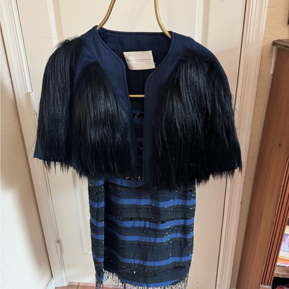 Carolina Herrera Midnight Blue Dress w/ Bolero Jacket & Black Accents